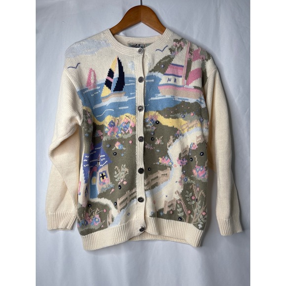 Northern Isles Sweaters - Vtg Northern Isles M Scenic Sailboat Coastal Knit Cardigan Button Sweater Granny